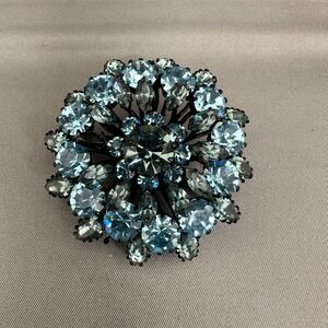 Vintage 1950 Austria Signed Statement Blue Crystal Flower Brooch Black Japanned